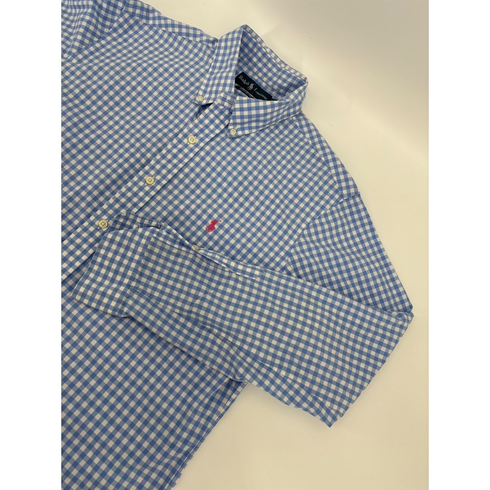 Polo Ralph Lauren Mens Blue Gingham Custom Fit Button Down Shirt Large Pink Pony